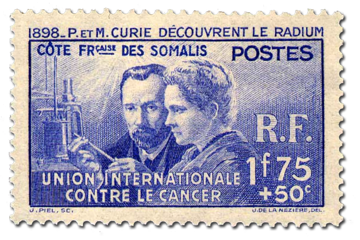 francobollo curie, immagine di pubblico dominio, https://commons.wikimedia.org/wiki/File:Joseph-de-la-neziere-pierre-et-marie-curie-decouvrent-le-radium-1938.jpg