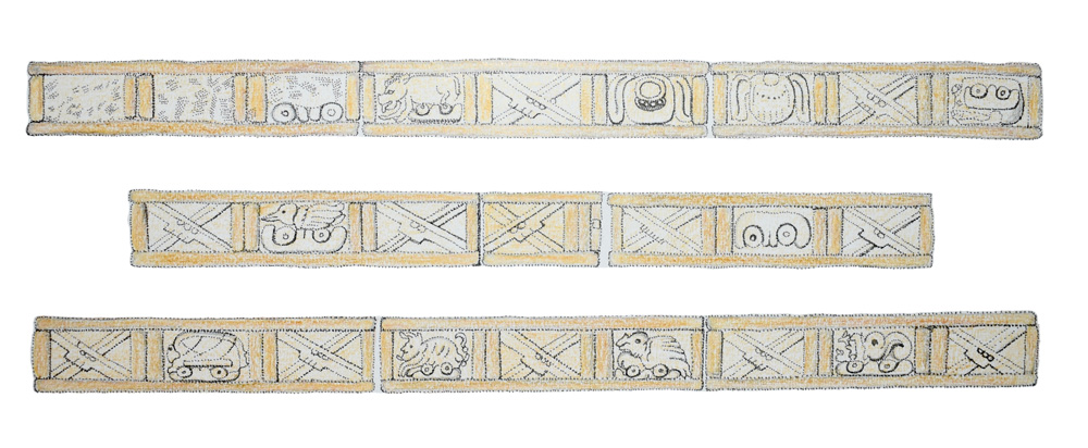 Sequenza di bande incrociate che si alternano a segni rappresentanti la Luna, varie costellazioni e altri simboli, disegno di Anna Maragno
