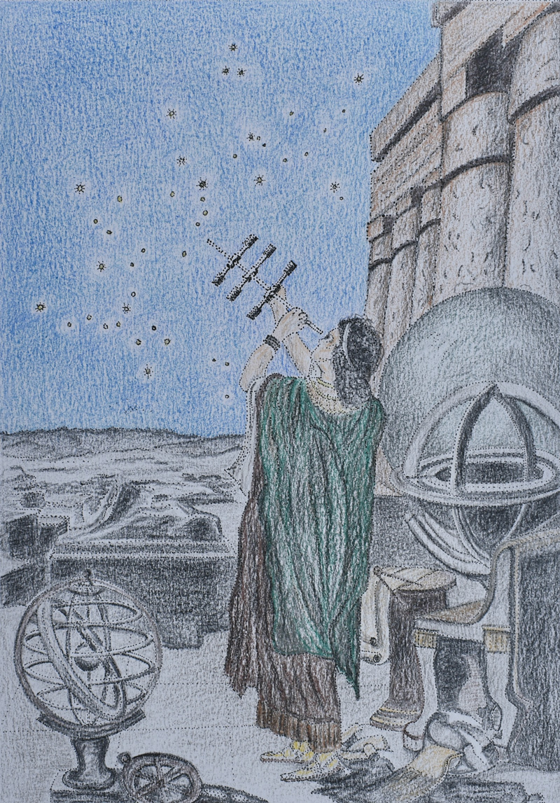 Ipparco guarda il cielo stellato, disegno di Anna Maragno, non riprodurre senza autorizzazione